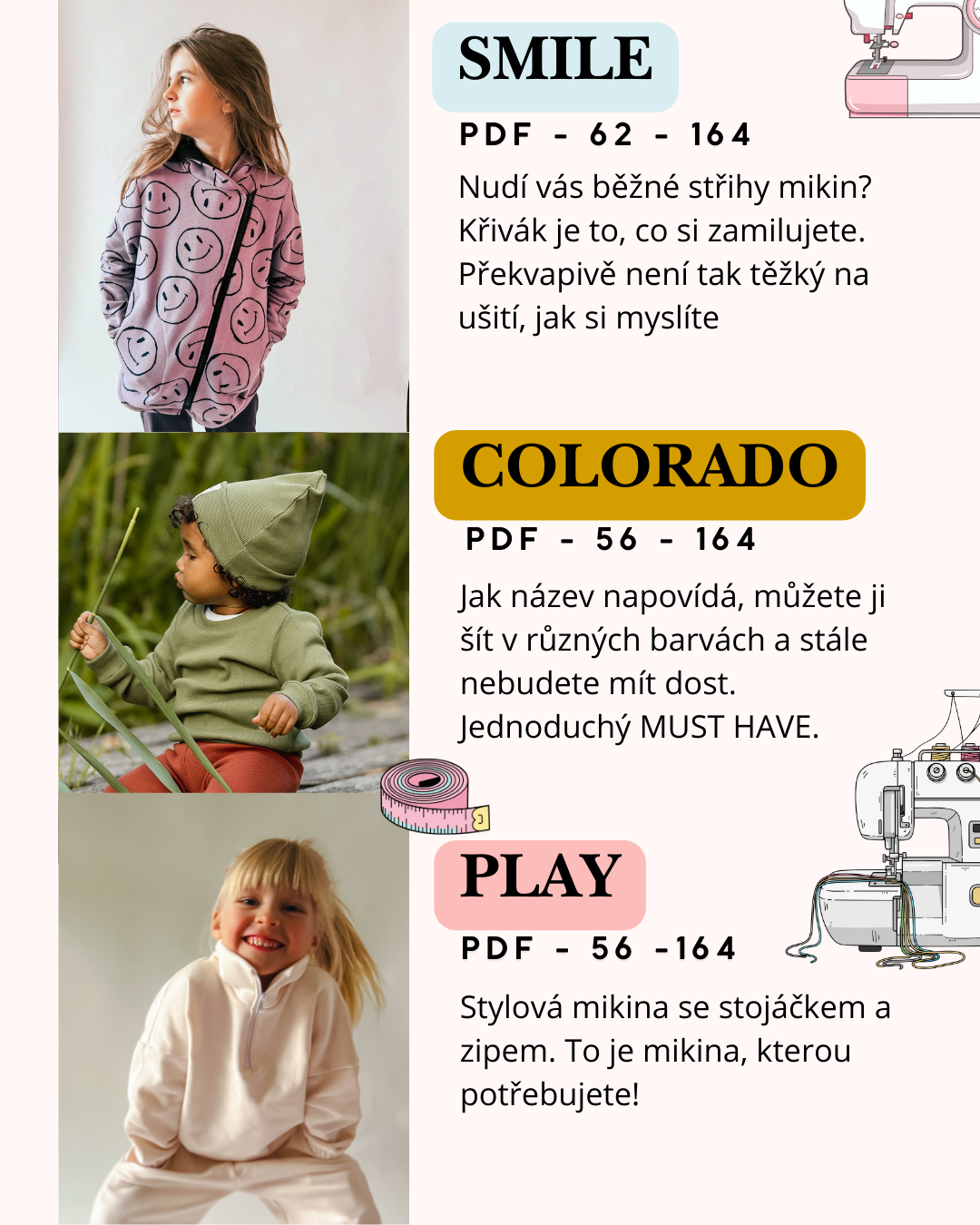 Balíček střihů 6 x střih na dětskou mikinu s videonávody na ušití📹