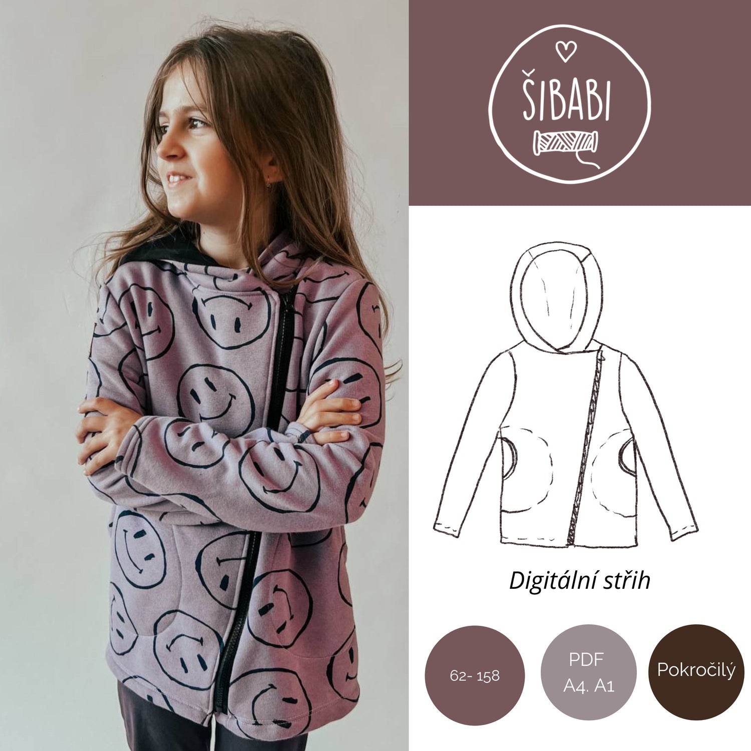 Střih na dětskou mikinu s kapucí a šikmým zipem - Šibabi